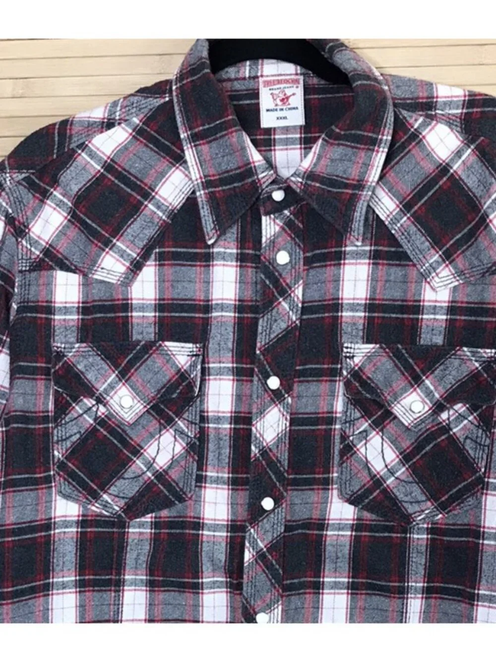 True Religion Pearl Snap Shirt Western Plaid Long Sleeve Gray red xxxl 46